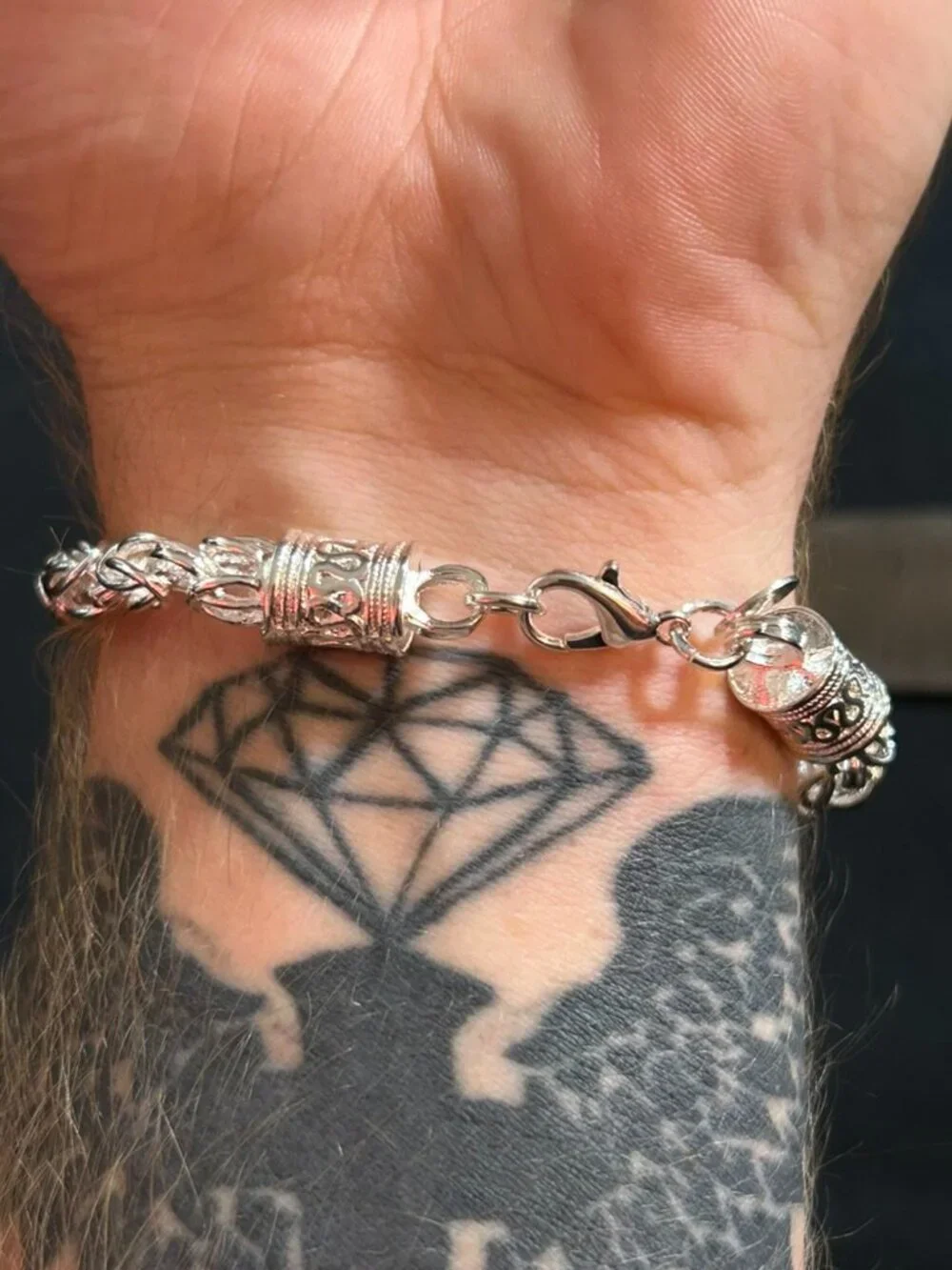 Men's Silver Byzantine Link Bracelet Thick Cage Weave Chain Ornate End Caps 8.5